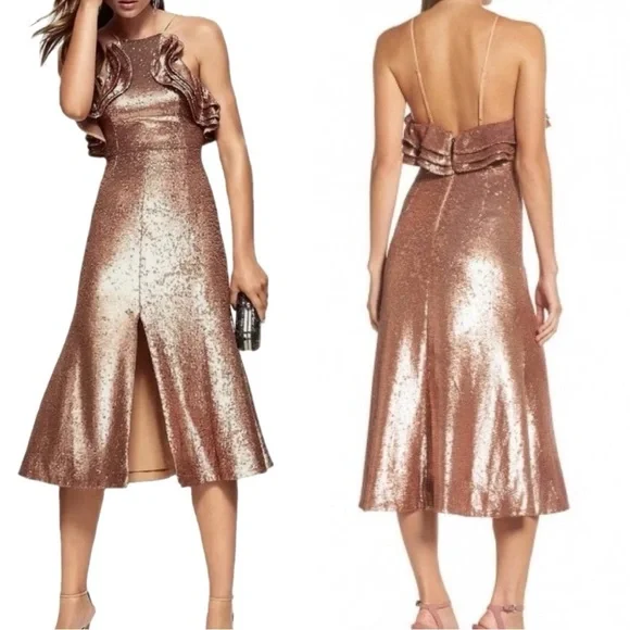 NWT C/MEO Collective Illuminated Sequin Ruffle Midi Dress | Copper Rose Gold | S - Picture 12 of 12